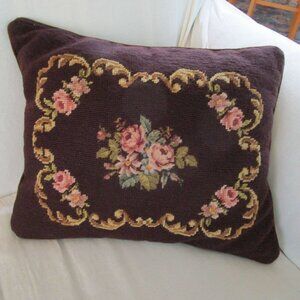Vintage Needlepoint Pillow Petit Point Floral Medallion Oblong Handcrafted GUC